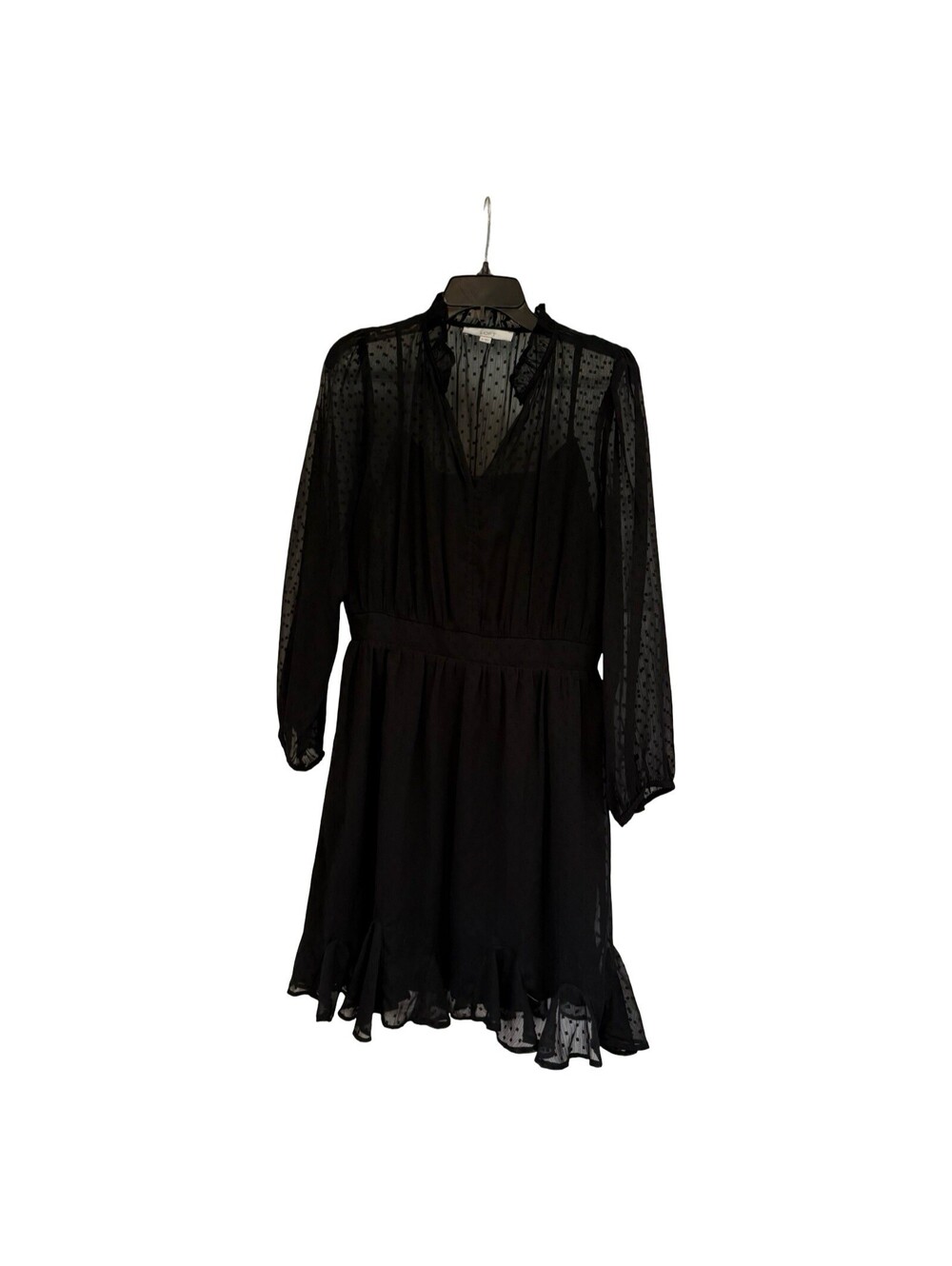 LOFT Black Swiss Dot Ruffle V-Neck Dress Long Sheer Sleeve 10 Fit & Flare Boho